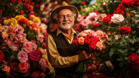 A joyful elderly man holds a lovely bouquet of roses in a vibrant flower market. Surrounded by colorful blooms, he radiates warmth and happiness, capturing the essence of nature's beauty.の素材