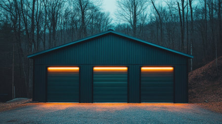 This image showcases a modern garage illuminated by warm lights, surrounded by tranquil nature. The dark structure contrasts beautifully with a serene evening scene.の素材