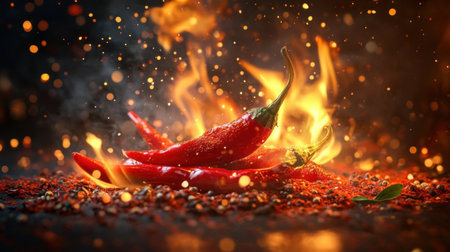 This stunning image showcases vibrant red chili peppers engulfed in flames, surrounded by colorful spices, creating an eye-catching, dynamic scene perfect for culinary themes.の素材