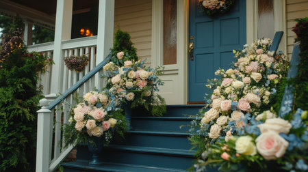 Stunning floral arrangements adorn the blue steps of a welcoming home, creating a vibrant and inviting atmosphere. Perfect for spring or summer.の素材