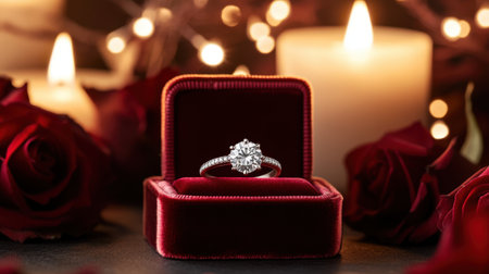 Discover a stunning engagement ring adorned with a sparkling diamond, elegantly placed in a red velvet box, surrounded by beautiful roses and soft candlelight, perfect for romantic moments.の素材