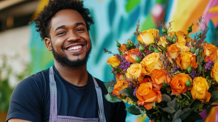 A joyful florist poses outdoors with a stunning bouquet of orange roses. His bright smile and colorful background showcase passion for floral artistry.の素材