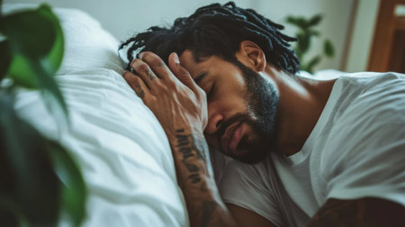 A young man with dreadlocks peacefully rests on a bed in a cozy indoor setting. Soft lighting enhances the serene atmosphere, perfect for capturing moments of tranquility and self-care.の素材