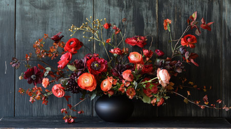 Beautiful floral arrangement featuring vibrant red and orange flowers set against a dark wooden backdrop. Ideal for decoration and event centerpiece.の素材