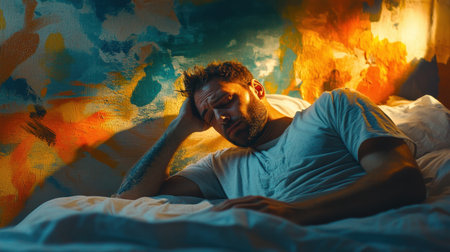 A young man rests in bed, showcasing a contemplative expression against a vibrant, colorful wall. The soft light enhances the emotional atmosphere of the scene.の素材