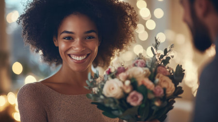 A joyful woman smiles brightly while holding a beautiful bouquet of flowers, creating a warm and cozy atmosphere filled with soft lights and intimate connection.の素材