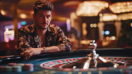 A stylish man poses confidently at a roulette table in a vibrant casino, surrounded by colorful chips and ambient lighting, radiating a sense of excitement and elegance.の素材
