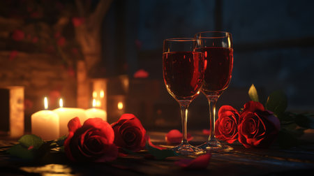 A romantic setting featuring two wine glasses filled with red wine beside red roses and flickering candles. Perfect for a cozy evening celebration.の素材