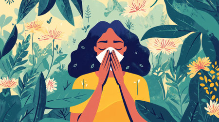 A woman in a face mask stands amidst vibrant green plants and flowers, conveying the theme of health and nature. The illustration reflects emotions of serenity and care.の素材
