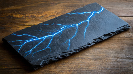 A stunning display of vibrant blue lightning striking across a textured black slate surface, creating an electrifying visual impact ideal for artistic and natural themes.の素材