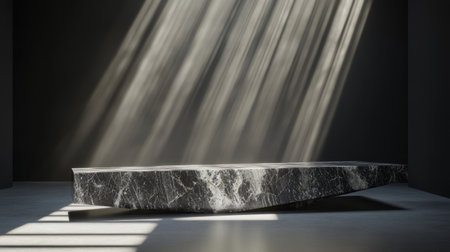 This elegant black marble display features dramatic light rays casting shadows on the surface, creating a serene and artistic ambiance in a minimal space.の素材