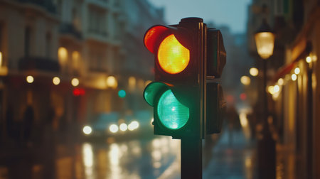 A vivid traffic light stands on a wet street during dusk, with blurred cars moving in the background. The light's green and yellow glow illuminates the rainy urban scene, capturing the essence of evening city life.の素材