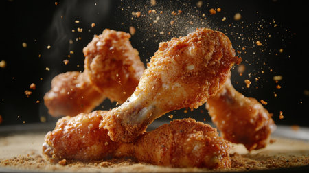 A dynamic scene of crispy fried chicken drumsticks coated in spices. The golden skin glistens in the light, showcasing delicious flavor and texture.の素材