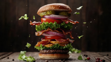 Experience the mouthwatering appeal of a towering burger loaded with crispy bacon, fresh lettuce, juicy tomatoes, and savory pickles, perfect for any meal.の素材