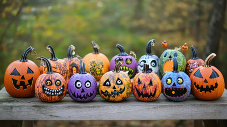 A lively collection of hand-painted Halloween pumpkins showcasing a variety of colorful designs and spooky expressions, perfect for autumn decor and festive celebrations.の素材