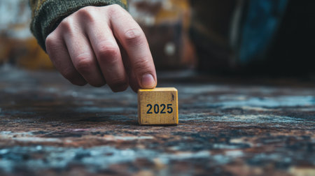 A close-up view of a hand placing a wooden block marked with the year 2025 on a rustic table. This image symbolizes future planning and anticipation.の素材