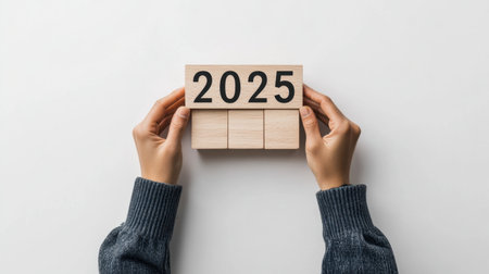 A pair of hands holds a wooden block calendar displaying the year 2025, emphasizing future planning and organization. The minimalist design enhances a fresh, clean aesthetic for creative projects.の素材