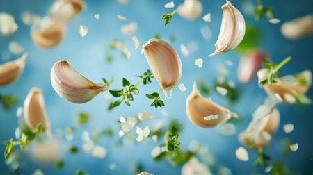 A captivating composition featuring floating garlic cloves and fresh herbs against a soft blue background. Perfect for culinary themes and food-related projects.の素材