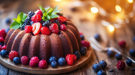 This elegant chocolate cake adorned with fresh berries and mint leaves captures the essence of gourmet dessert. Perfect for any celebration or gathering.の素材