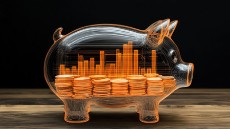 A striking transparent piggy bank showcases coins stacked alongside graphical representations of financial growth, illustrating concepts of savings, investment, and budgeting.の素材