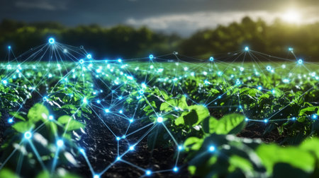A futuristic view showcasing green crops interconnected by a digital network, symbolizing advanced agricultural technology and sustainable farming practices in rural landscapes.の素材