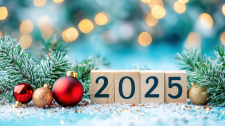 Celebrate the arrival of 2025 with this festive scene featuring wooden blocks, ornaments, and a snowy background. Perfect for conveying holiday joy.の素材