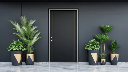 This image features an elegant modern entrance with a sleek black door and vibrant greenery in stylish pots, creating a luxurious yet minimalistic atmosphere.の素材