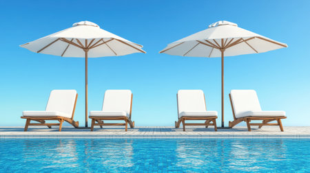Discover a serene poolside scene featuring comfortable sun loungers and elegant umbrellas, perfect for relaxation under a clear blue sky.の素材