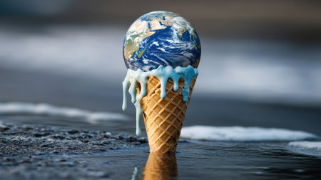 A whimsical scene depicting a globe resting atop a melting ice cream cone, symbolizing environmental changes. This creative image captures the beauty and fragility of our planet.の素材