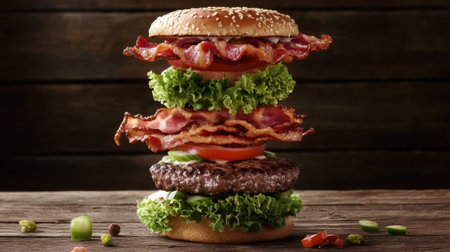A delicious layered bacon cheeseburger featuring crispy bacon, fresh lettuce, and tomatoes, served on a sesame seed bun. Perfect for food lovers.の素材