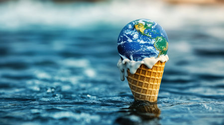 A whimsical scene featuring a melting ice cream cone topped with the Earth, symbolizing climate change and environmental awareness against a beautiful ocean backdrop.の素材