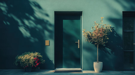 A modern entrance featuring a vibrant green door, adorned with decorative plants. The play of sunlight and shadow creates a tranquil and inviting atmosphere.の素材