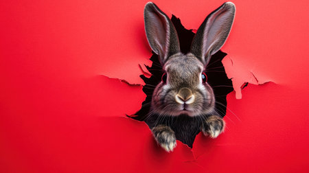 A playful rabbit peeks through a hole in a bright red background, showcasing its curious expression and furry details. Ideal for creative designs.の素材