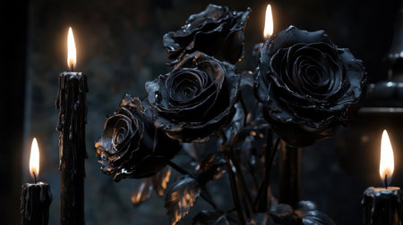 A captivating still life image featuring black roses surrounded by flickering candlelight, evoking a sense of dark elegance and mystery perfect for artistic themes.の素材