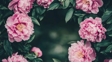 An elegant display of soft pink peonies framed by rich green leaves, set against a blurred background. This floral arrangement exudes a romantic and tranquil vibe.の素材