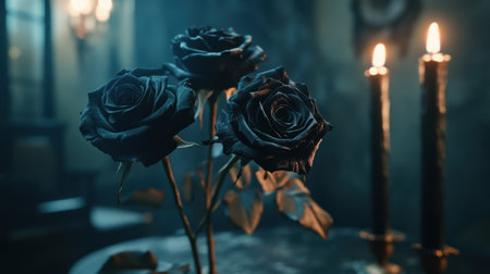 Dark black roses elegantly arranged beside flickering candles create a mysterious and romantic ambiance, perfect for artistic and gothic-themed inspirations.の素材