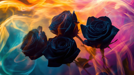 Dark roses emerge from swirling colorful smoke, creating a captivating artistic scene. This photo evokes mystery and beauty, ideal for various creative projects.の素材
