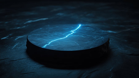 A captivating circular stone platform emits a glowing blue lightning in a dark environment, creating a striking contrast and energetic atmosphere.の素材