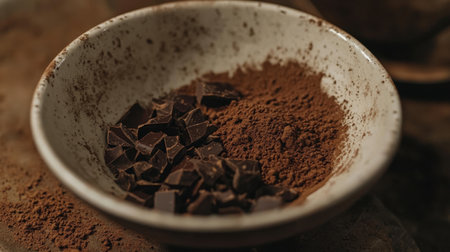 A rustic bowl holds dark chocolate pieces alongside fine cocoa powder, showcasing the rich textures and colors of these essential baking ingredients. Perfect for culinary inspiration.の素材