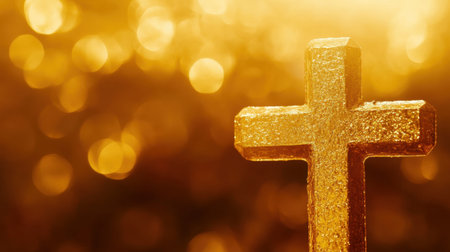 This image features a golden cross shimmering against a vibrant bokeh background, evoking feelings of spirituality and warmth. Ideal for themes of faith and hope.の素材
