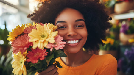A joyful woman smiles brightly while holding a colorful bouquet of flowers in a vibrant floral shop, radiating happiness and beauty in a lively indoor setting.の素材