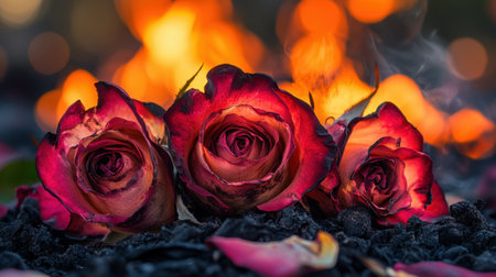 A stunning composition featuring vibrant red roses resting on black ashes, set against a backdrop of flickering flames. This image evokes warmth and passion.の素材