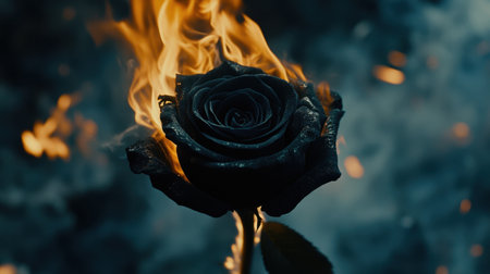 A striking black rose engulfed in flames, surrounded by smoke and sparks. This dramatic scene captures the juxtaposition of beauty and destruction, evoking deep emotions.の素材