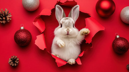 A cute bunny peeks out from torn red wrapping paper, surrounded by shiny holiday ornaments. This cheerful scene captures the joy of the festive season.の素材