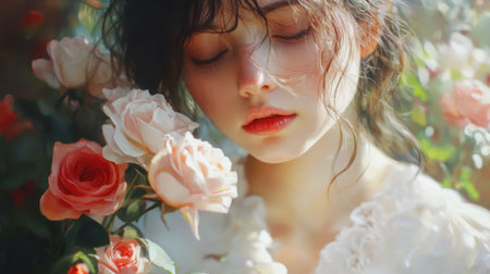 A serene portrait of a young woman surrounded by soft, blooming roses. Captured in natural light, this image evokes emotions of peace, beauty, and tranquility.の素材