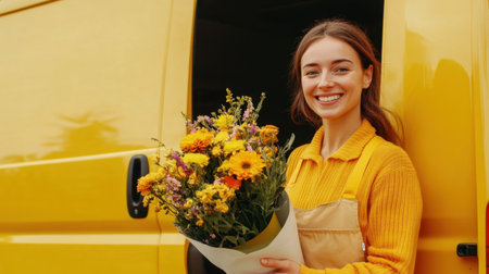 A cheerful woman stands by a yellow van, holding a vibrant bouquet of flowers. The scene captures the joy of floral delivery in a sunny outdoor setting.の素材