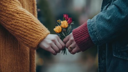 A touching moment of a couple holding hands, sharing a vibrant bouquet of flowers in an urban environment, symbolizing love and connection.の素材
