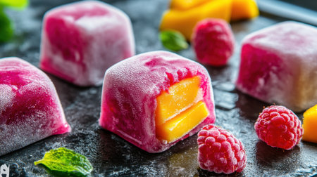A delightful scene showcasing colorful frozen dessert cubes filled with mango and surrounded by fresh raspberries and mint leaves, perfect for summer.の素材
