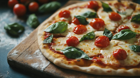 A beautifully crafted Margherita pizza topped with juicy tomatoes and fresh basil leaves, showcasing the vibrant colors and delicious ingredients in a rustic setting.の素材