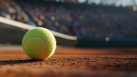 This image showcases a vibrant tennis ball resting on a clay court, with a blurred audience behind it, capturing the essence of sports excitement and competition.の素材